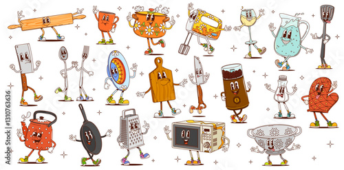 Cartoon groovy kitchen utensils and cookware characters. Vector funky retro spoon, fork, knives and cup, cooking pot, kettle, spatula and grater. Cute groovy kitchen tools, utensils and appliances