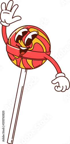 Cartoon lollipop funny groovy hippie dessert, sweets and candy character. Isolated vector joyful retro personage with smiling face, swirling colors and playful vibe, spreading sweetness and happiness