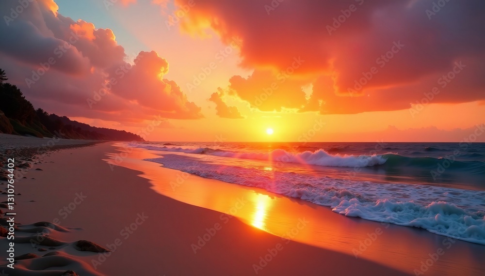 Vibrant orange sunset casting warm glow on sandy beach, Sunset, Waves Vibrant orange sunset casting warm glow on sandy beach, Sunset, Waves