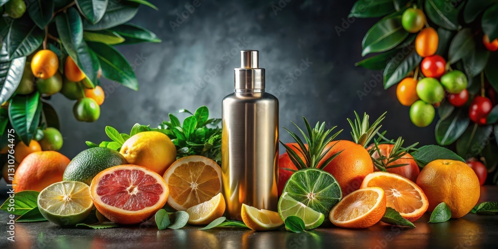 Refreshing Citrus Fragrance Mist Bottle Surrounded by Vibrant Fruit and Lush Greenery Refreshing Citrus Fragrance Mist Bottle Surrounded by Vibrant Fruit and Lush Greenery