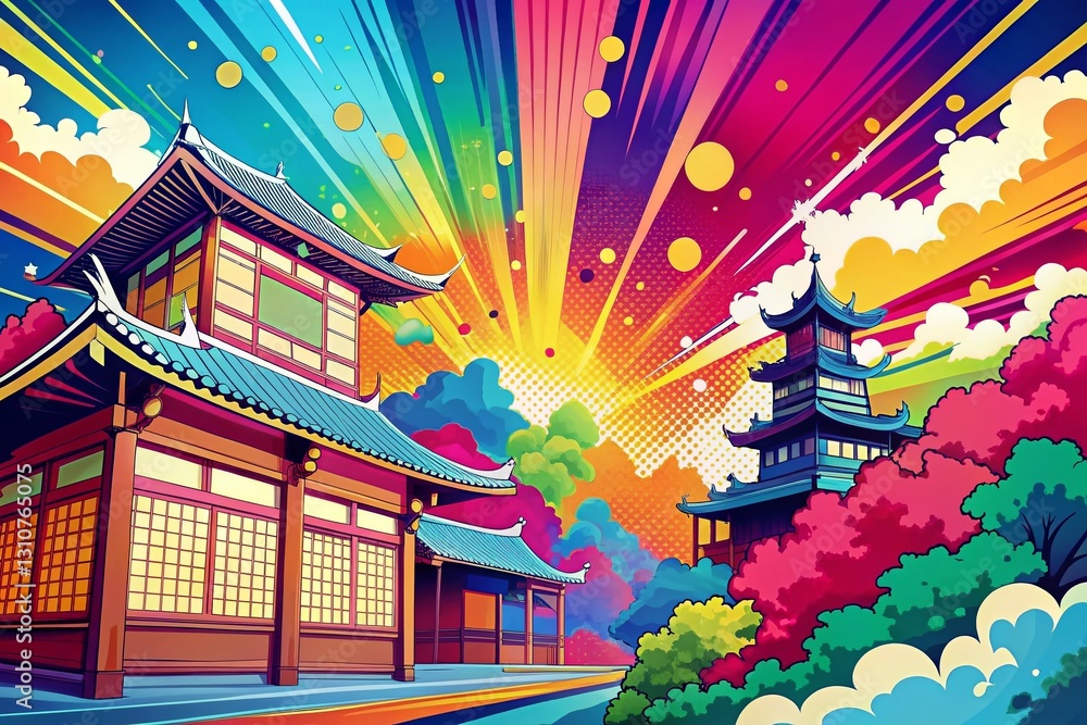 Fototapeta premium Panoramic Manga Backdrop: Flat Paint Stroke Shapes, Colorful Anime Background Illustration