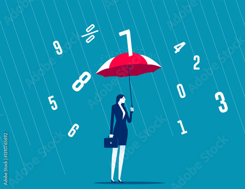 Insured woman protecting himself from numbers with umbrella