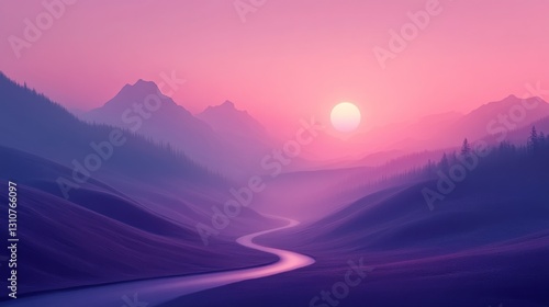 A vibrant purple and pink landscape with a winding river and sun