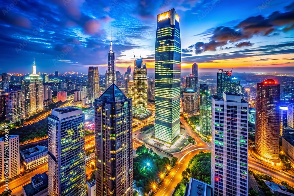 Obraz premium Panoramic Night View: Illuminated Skyscraper in Bustling City