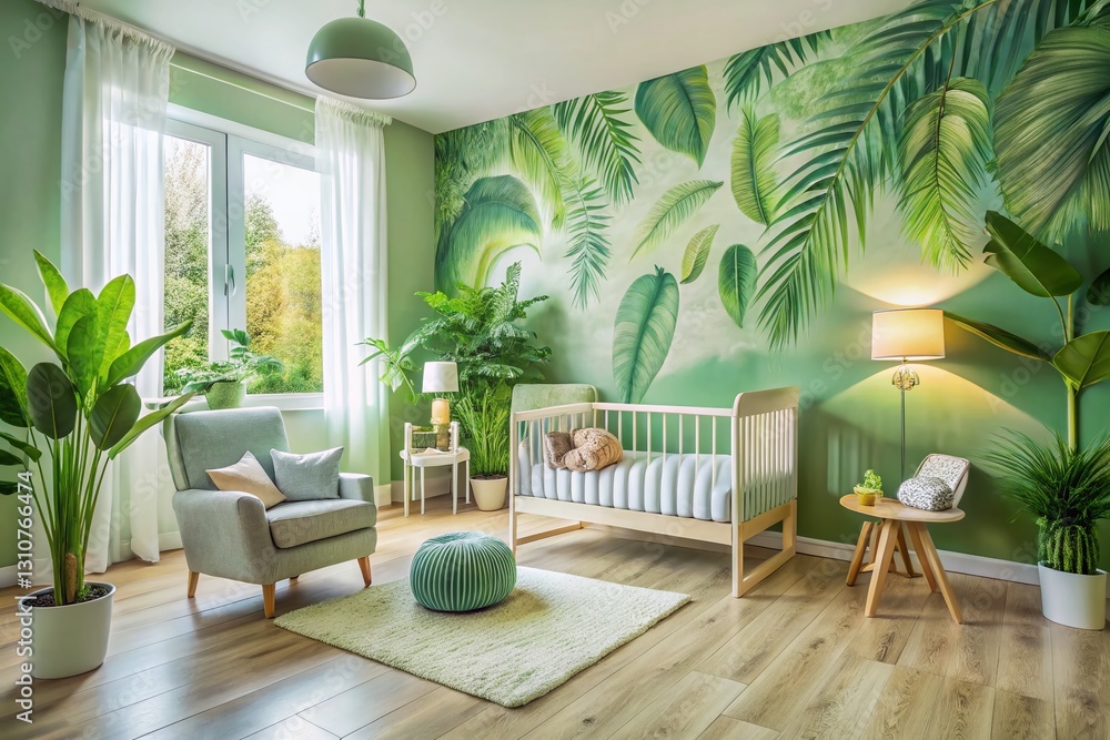 Fototapeta premium Panoramic Organic Nursery Design: Textured Leaves & Flowing Lines