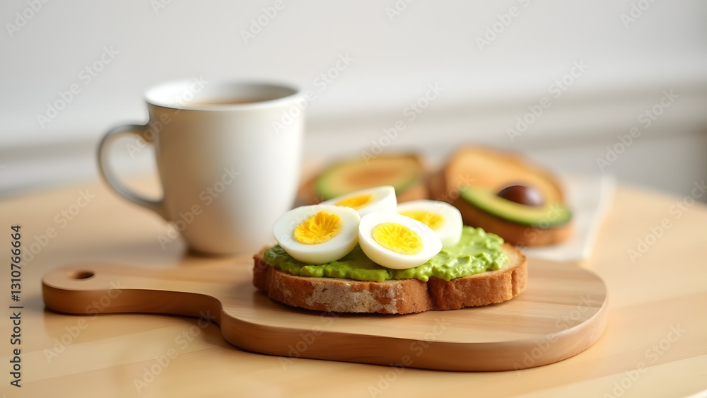 A simple breakfast of whole-grain bread with avocado, hard-boiled eggs, and fruit tea. Natural lighting highlights the textures, set on a light wood table with a white wall backdrop. A simple breakfast of whole-grain bread with avocado, hard-boiled eggs, and fruit tea. Natural lighting highlights the textures, set on a light wood table with a white wall backdrop.