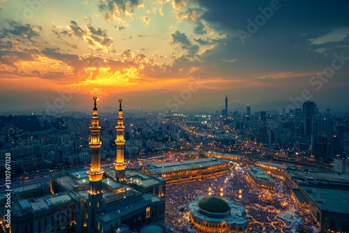 A breathtaking aerial view of a city during Ramadhan, with lights from mosques and street markets glowing against the dark sky. The energy of the city is vibrant and full of life