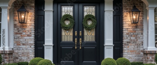 double front door in black colonial home house frontage portrait