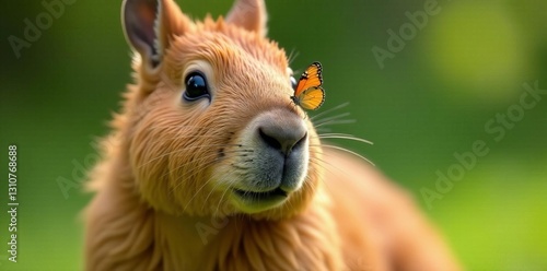 Cute capybara with a tiny butterfly on its nose, funny, mammal, adorable