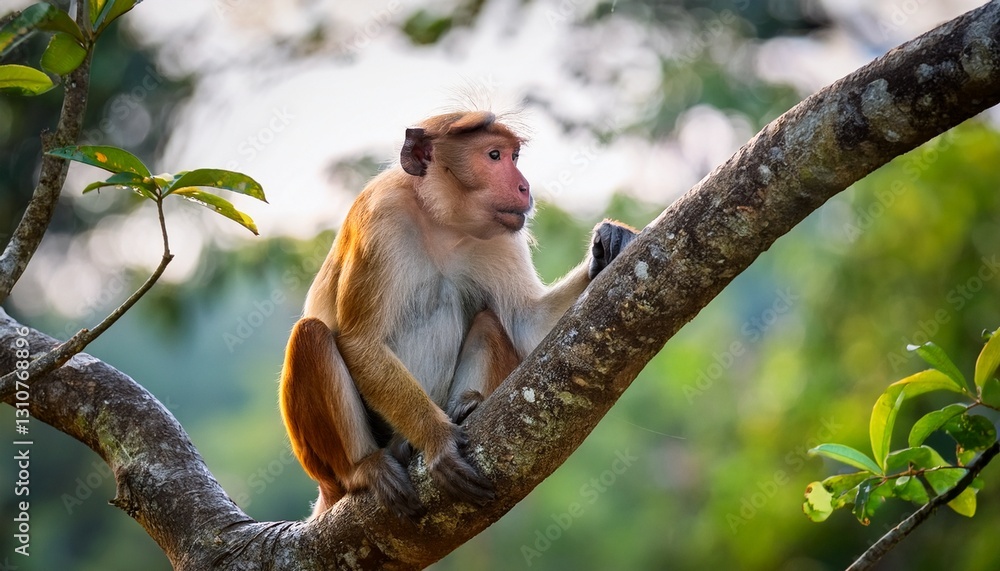Naklejka premium a toque macaque is seen sitting on a tree branch in the lush sri lankan jungle observing its surroundings this wildlife footage is perfect for nature travel and documentary projects