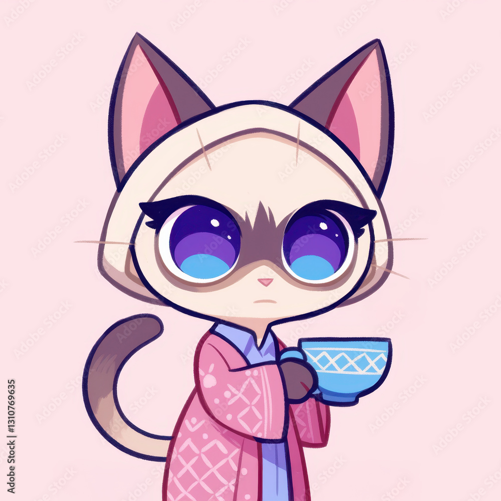 Obraz premium Cute cartoon cat wearing pink robe and holding blue cup