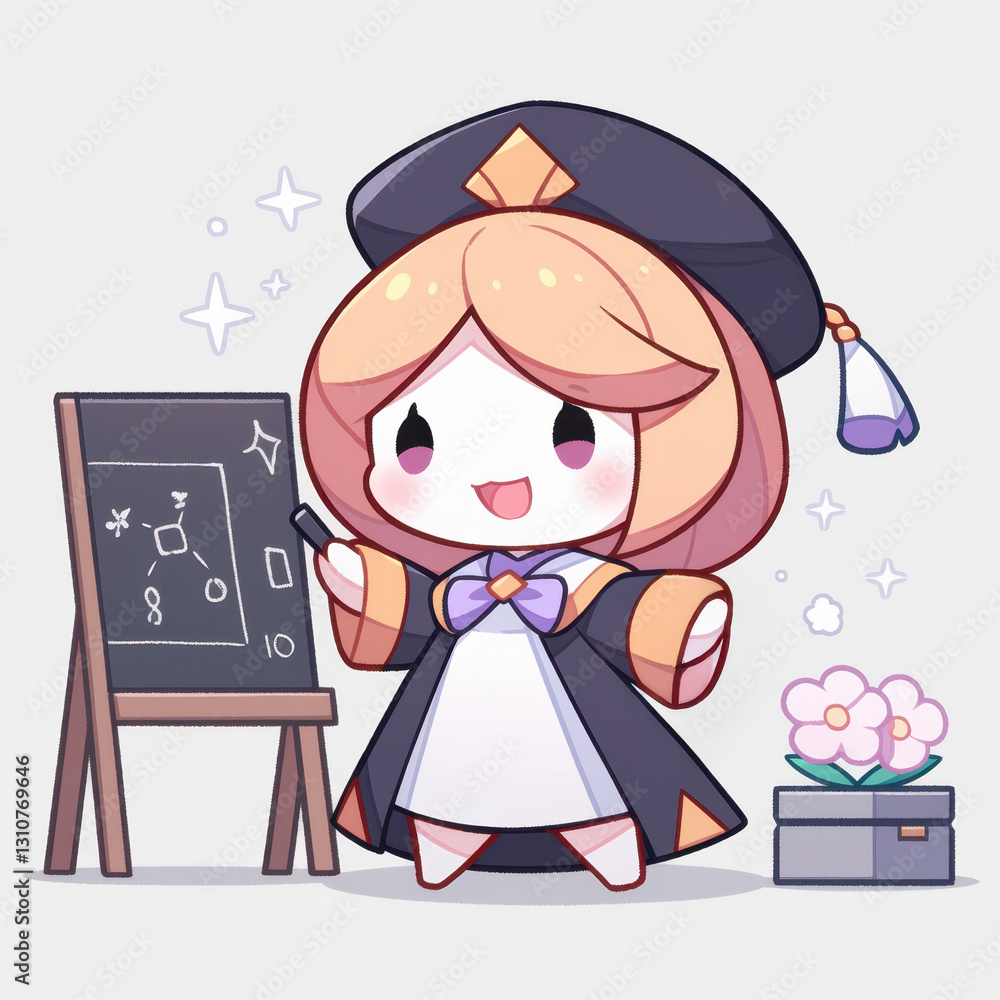 Cute character in graduation attire explaining on chalkboard Cute character in graduation attire explaining on chalkboard
