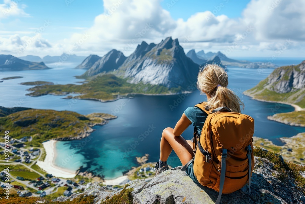 Fototapeta premium Woman hiker enjoys scenic fjord view, relaxing atop mountain. Travel blog, tourism