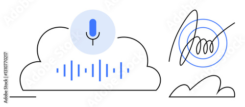 Cloud with microphone and sound waves, digital signature in a loop circle. Ideal for technology, innovation, data storage, privacy, automation, digital transformation cloud computing. Flat simple