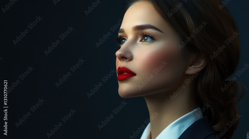 Woman, red lips, gazing, dark background, beauty portrait Woman, red lips, gazing, dark background, beauty portrait
