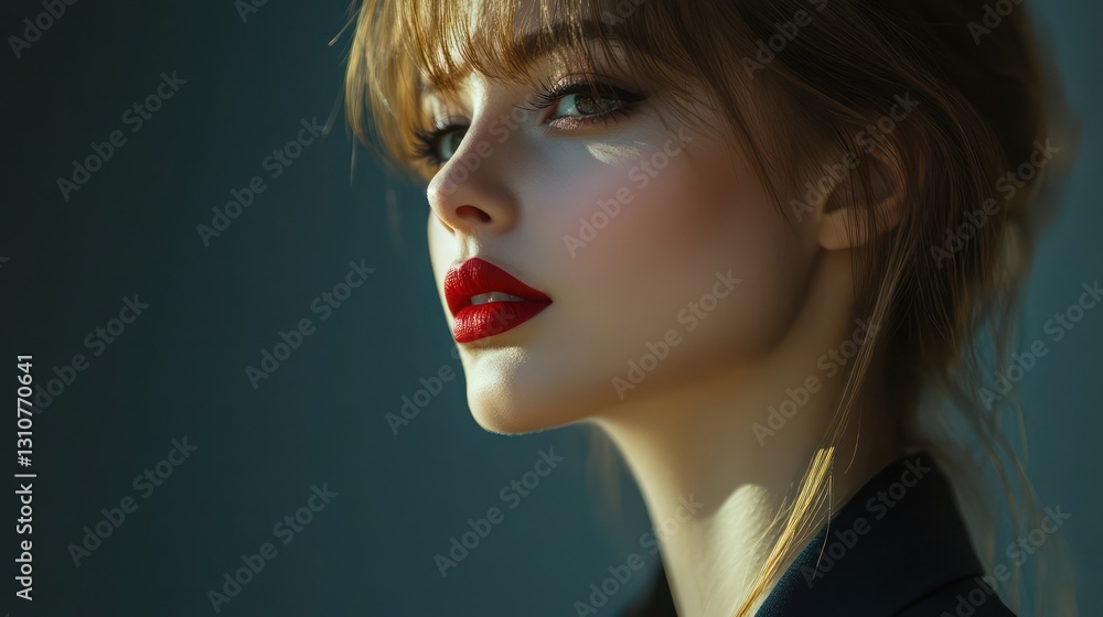Fototapeta premium Woman red lips portrait, sunlit studio, dark background, beauty
