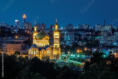 A mosque with golden domes illuminated against the night sky. The surrounding city buildings are covered in soft Ramadhan lights