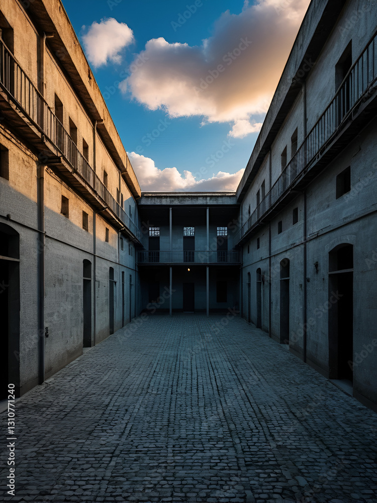 Fototapeta premium Inner courtyard of a prison with a sky with clouds and evening light