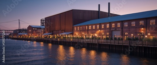 Wallpaper Mural Industrial waterfront district with repurposed warehouses and soft lighting Torontodigital.ca