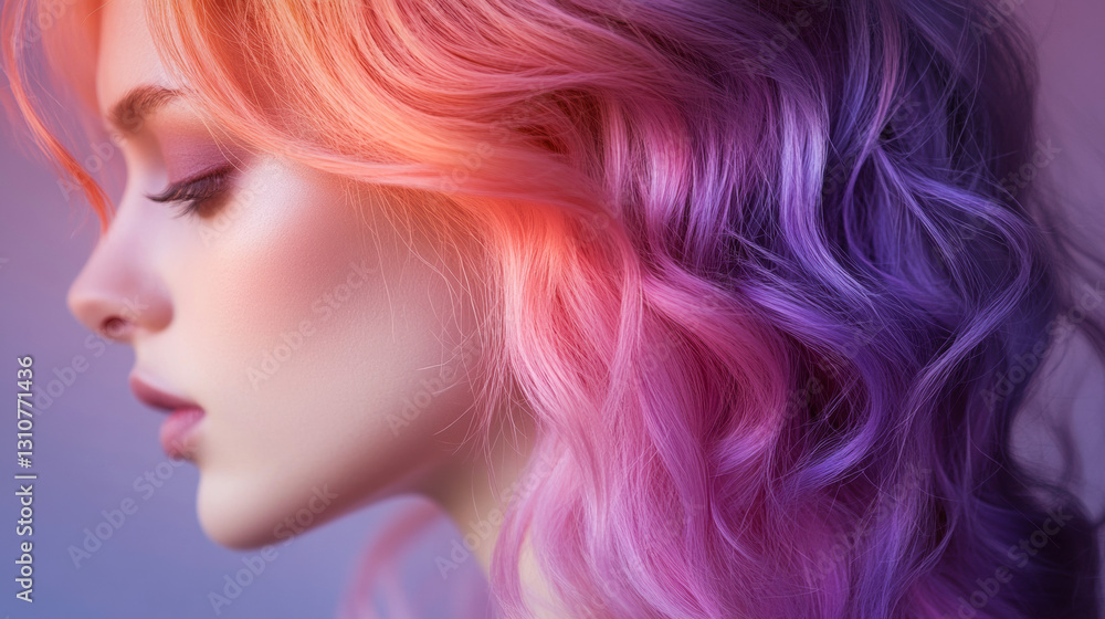 Fototapeta premium Elegant Female Profile with Bold Pink and Blue Hair Waves