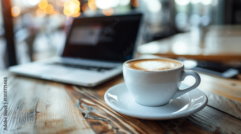Cup of cappuccino on a rustic wooden table with a laptop in a cozy café Cup of cappuccino on a rustic wooden table with a laptop in a cozy café