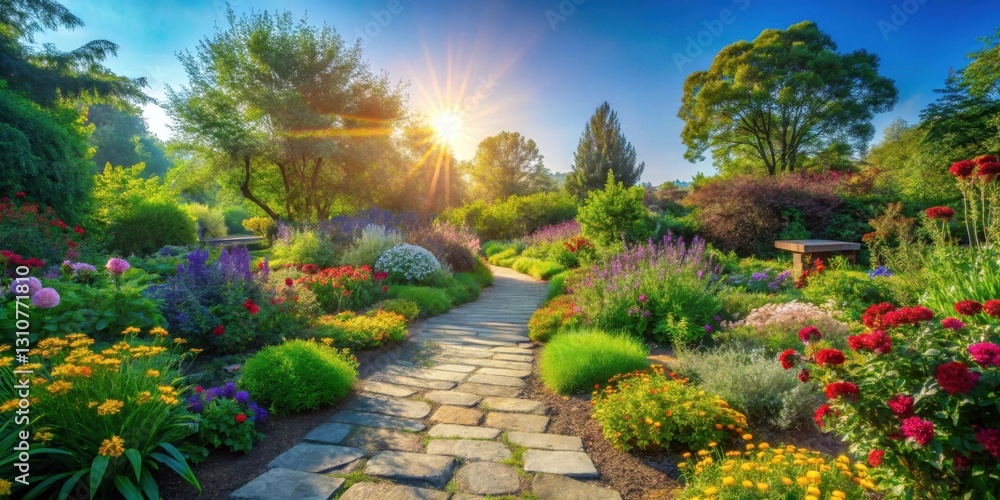 Serene Garden Path at Sunrise A Vibrant Tapestry of Blossoms and Lush Greenery Serene Garden Path at Sunrise A Vibrant Tapestry of Blossoms and Lush Greenery