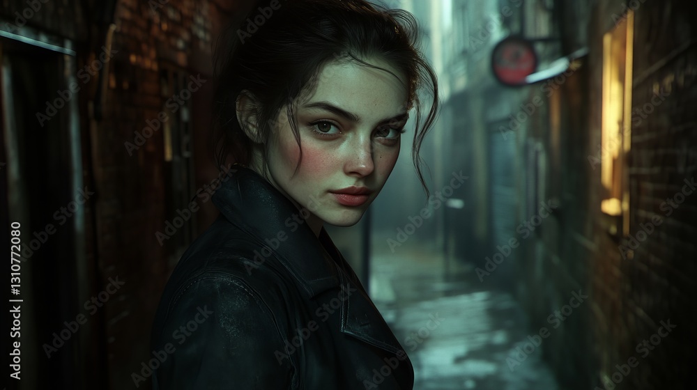 A woman with red lipstick stands in front of a brick wall A woman with red lipstick stands in front of a brick wall