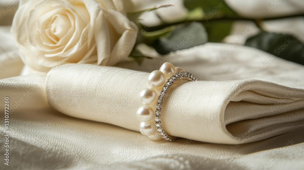 A carefully folded soft fabric napkin with a pearl napkin ring, set on a neutral-toned background with a touch of ambient lighting A carefully folded soft fabric napkin with a pearl napkin ring, set on a neutral-toned background with a touch of ambient lighting