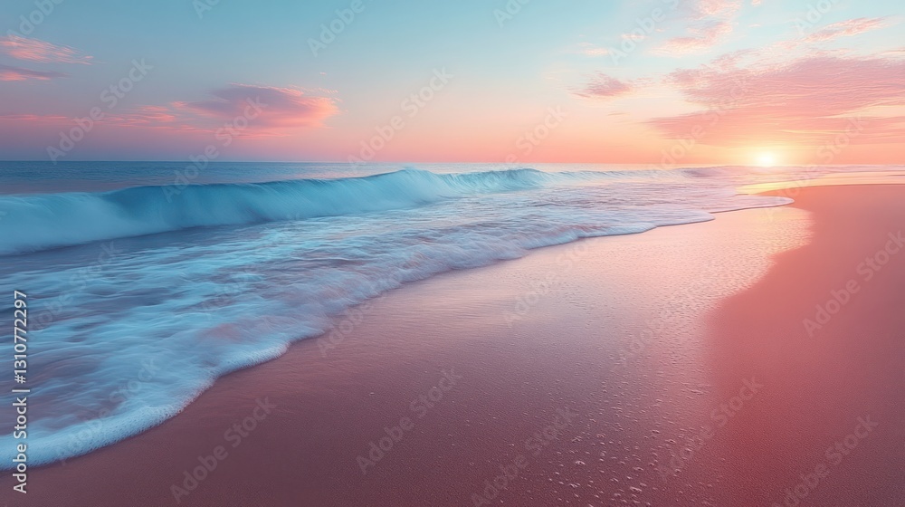 Waves crashing on pink sandy beach at sunset with colorful sky