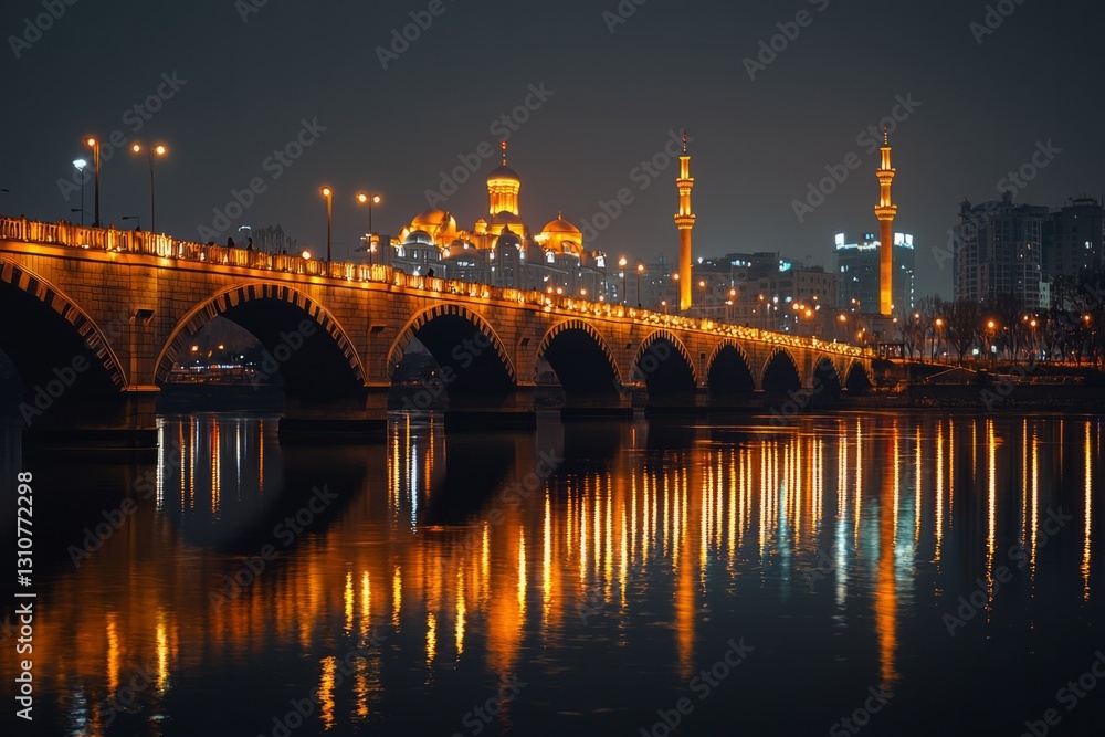 A peaceful bridge in the city, illuminated with golden lights. The reflection of the mosque towers on the river below adds to the serene Ramadhan night A peaceful bridge in the city, illuminated with golden lights. The reflection of the mosque towers on the river below adds to the serene Ramadhan night