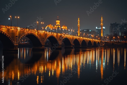 A peaceful bridge in the city, illuminated with golden lights. The reflection of the mosque towers on the river below adds to the serene Ramadhan night