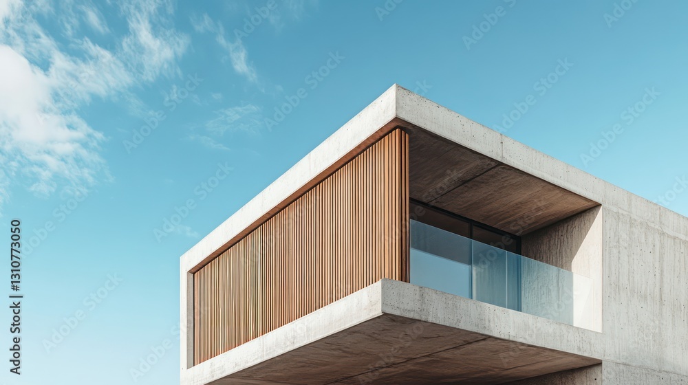 Fototapeta premium Modern concrete house balcony, blue sky. Architecture design