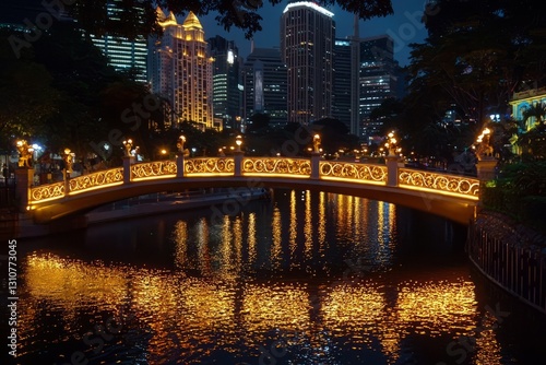 A peaceful bridge in the city, illuminated with golden lights. The reflection of the mosque towers on the river below adds to the serene Ramadhan night