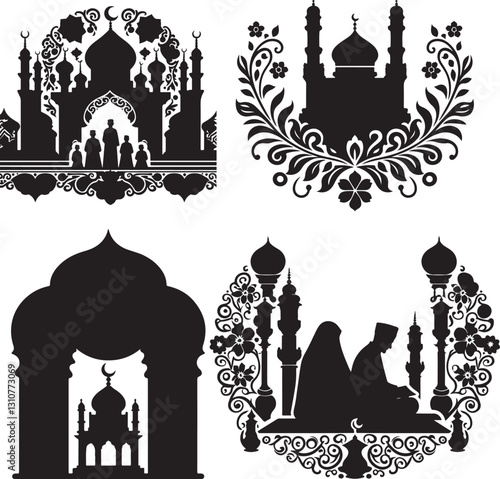 Create a Mosque mina vector art silhouette with white background.
