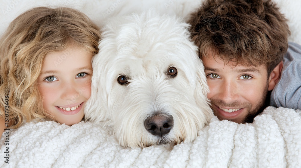 Smiling Family and Fluffy White Dog Under Warm Blanket Smiling Family and Fluffy White Dog Under Warm Blanket