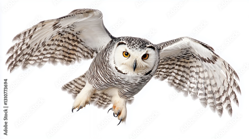 Obraz premium Snowy Owl in Flight Detailed Closeup of a Majestic Bird with Spread Wings Against White Background