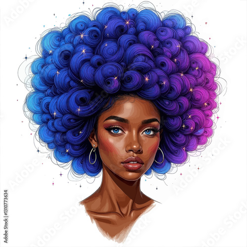 Beautiful woman with blue afro and starry sparkles