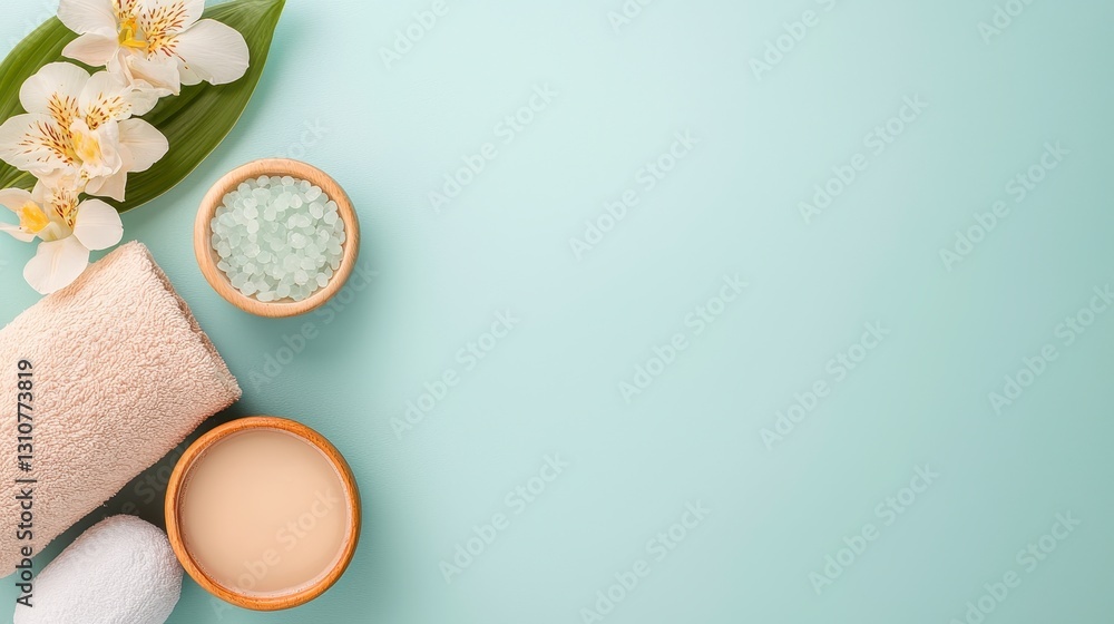 Obraz premium Spa Essentials On Light Teal Background