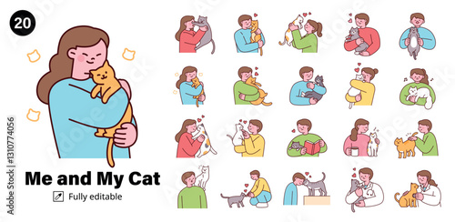 Cute illustration set of people bonding with their cats, showing love, affection, and companionship in various daily life moments.