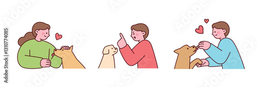 Cute illustration of people training and bonding with their pet dogs using positive reinforcement. Simple and modern design.