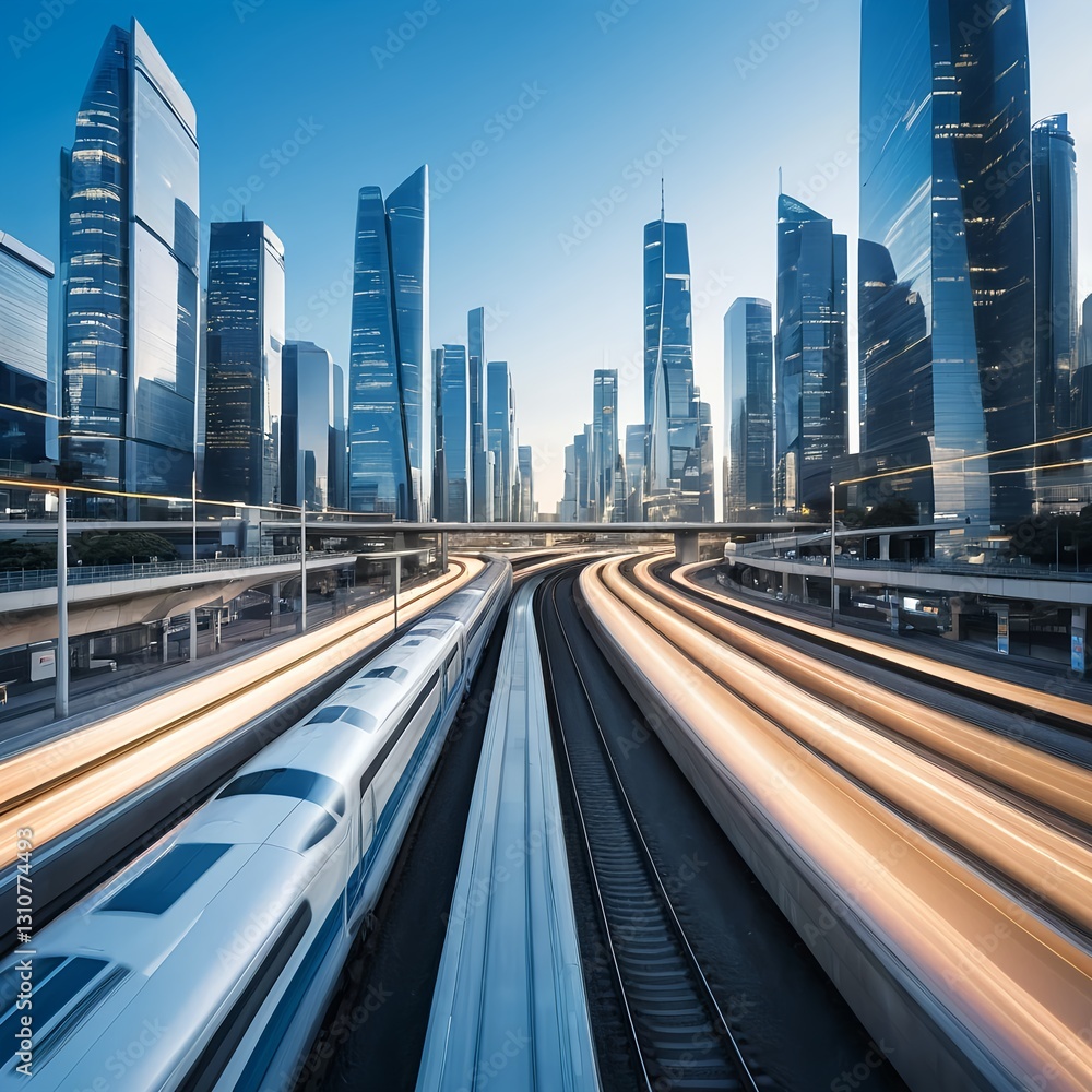High-Speed Train Through Modern Cityscape at Dawn High-Speed Train Through Modern Cityscape at Dawn