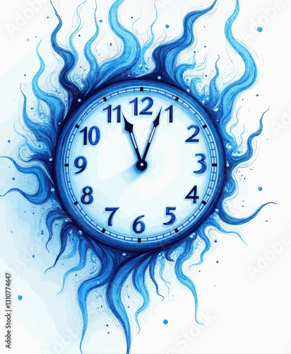 Blue clock with swirling energy at five minutes to midnight