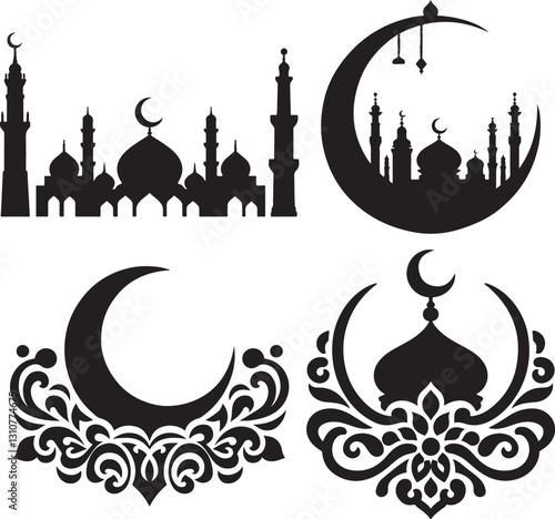 Create a Mosque mina vector art silhouette with white background.