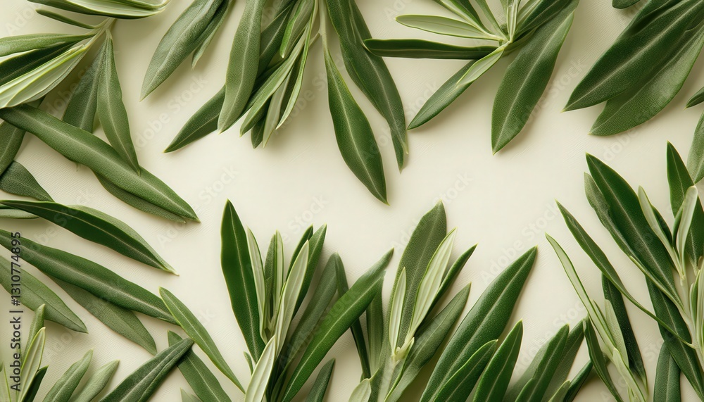 Fototapeta premium Green Leaves on Beige Background Flatlay