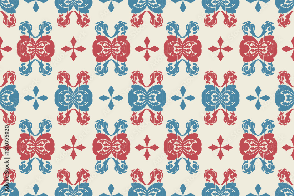 Carpet ikat floral pattern,fabric pattern on navy blue background vector illustration.Ikat ethnic oriental embroidery.Aztec style,abstract background.design for texture,clothing,decoration,carpet,rug. Carpet ikat floral pattern,fabric pattern on navy blue background vector illustration.Ikat ethnic oriental embroidery.Aztec style,abstract background.design for texture,clothing,decoration,carpet,rug.