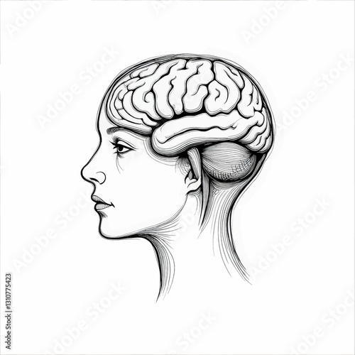 Brainy Woman: Human Mind in Engraving Style