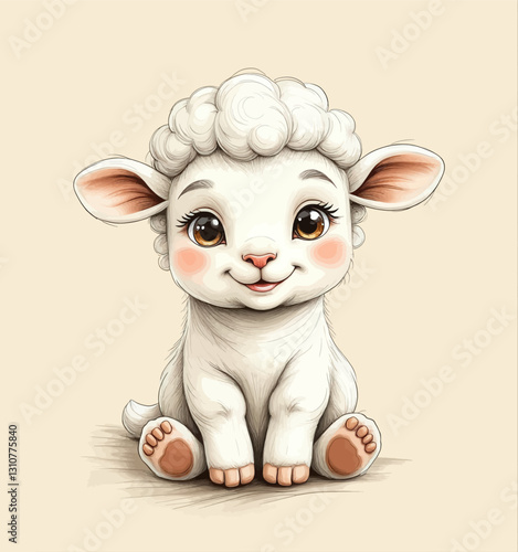 Cartoon Baby Lamb with Rosy Cheeks and Big Eyes