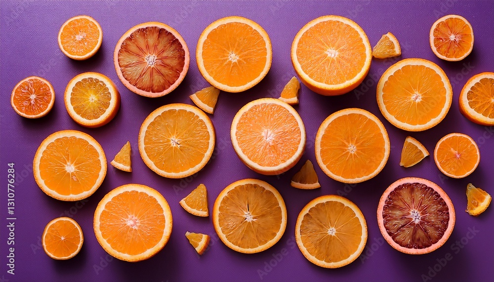 bright and vibrant orange slices are creatively arranged on a purple background offering a visually appealing contrast of colors bright and vibrant orange slices are creatively arranged on a purple background offering a visually appealing contrast of colors