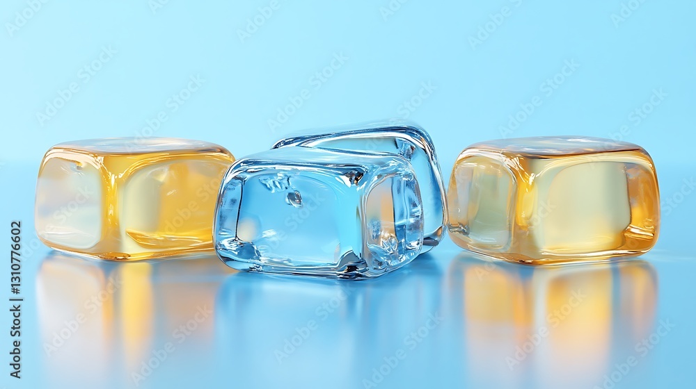 Three ice cubes, two amber, one clear, on blue. Three ice cubes, two amber, one clear, on blue.