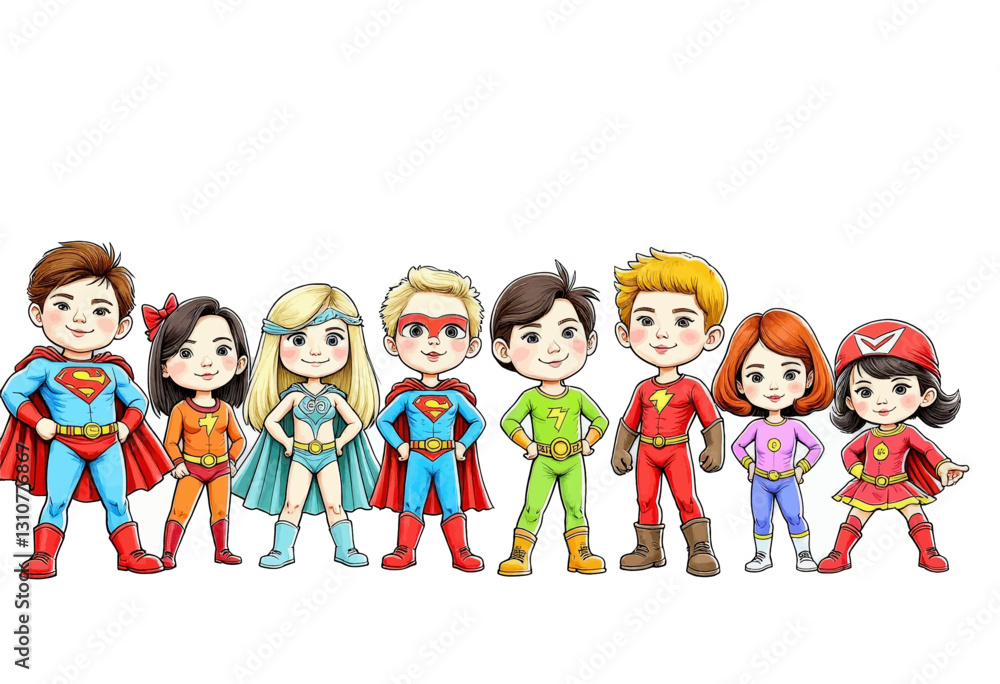 Cartoon Kids: Superhero Team Poses on White Background Cartoon Kids: Superhero Team Poses on White Background